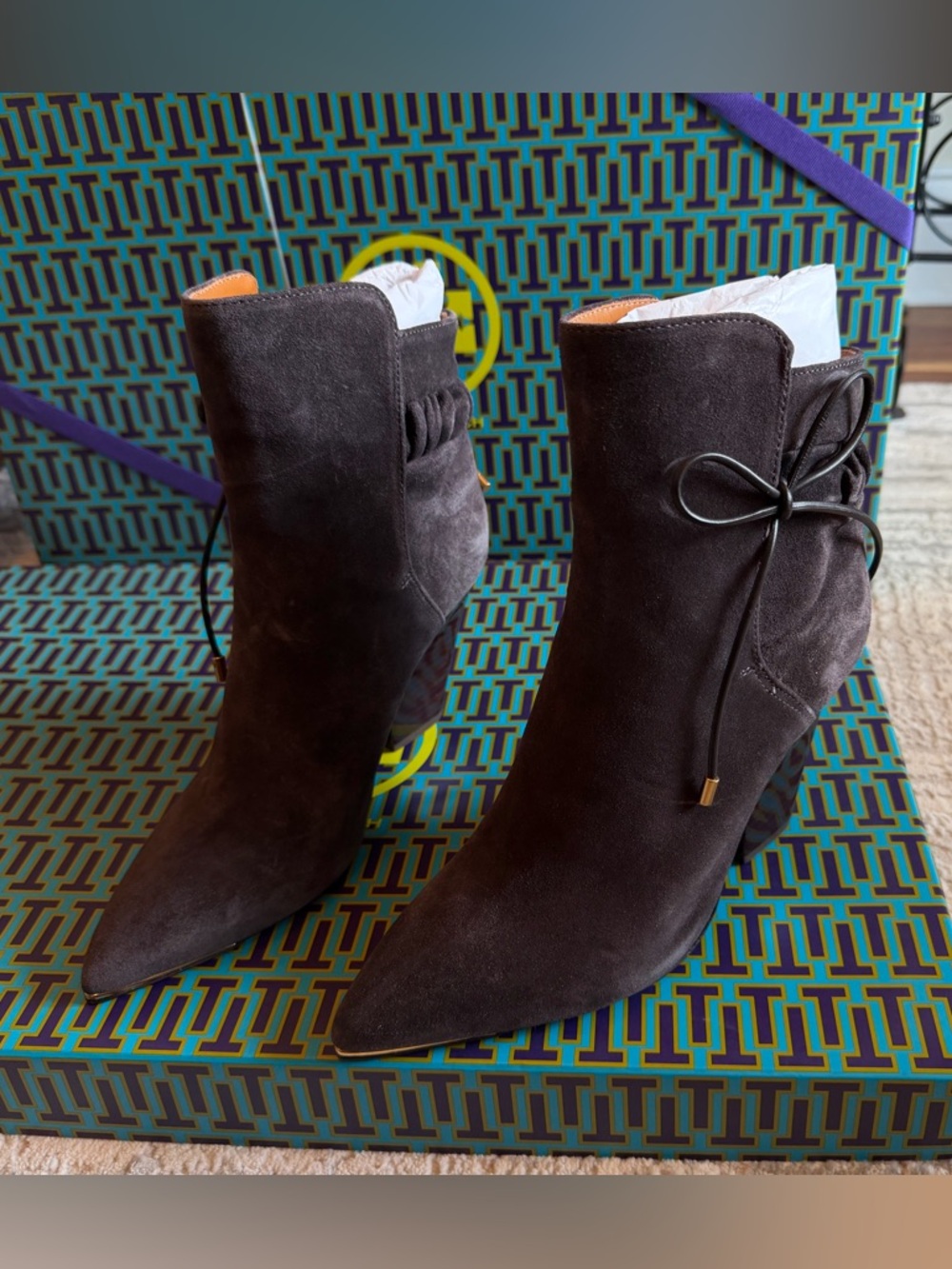 Tory Burch Lila Dark Gray Suede Ankle Bootie